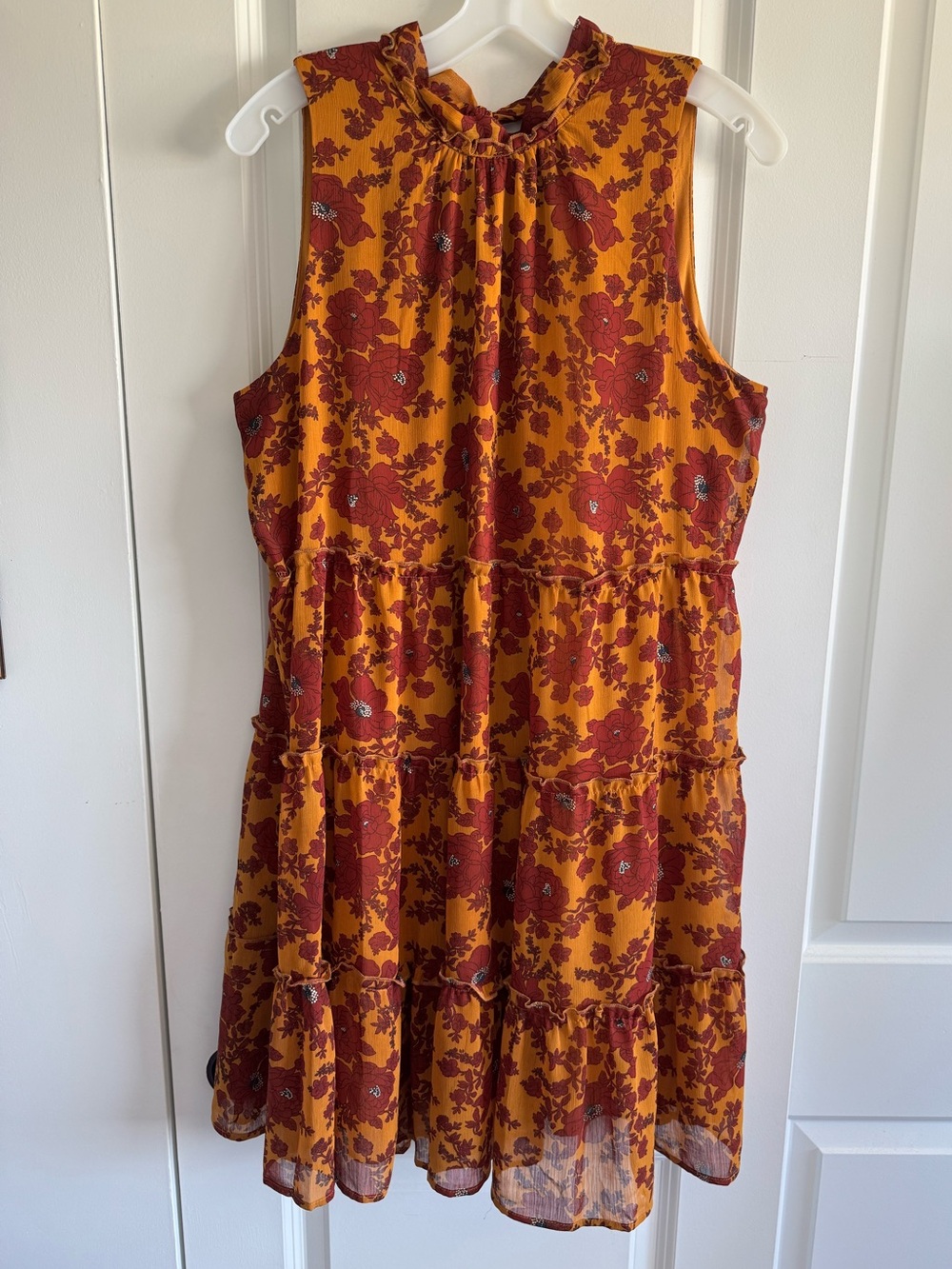 Sara Michelle Mustard and Rust Floral Tiered Mock-Neck Mini Dress
